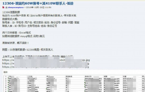 12306旅客信息被公開(kāi)出售 官方：為第三方泄漏
